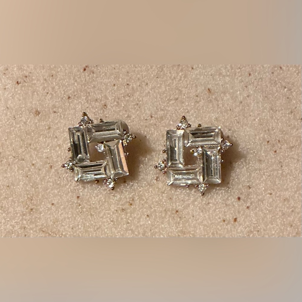 Silver Geometric Stud Earrings with Baguette Stones